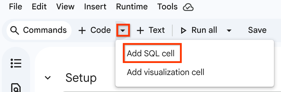 The Add SQL cell option in the Insert code cell menu