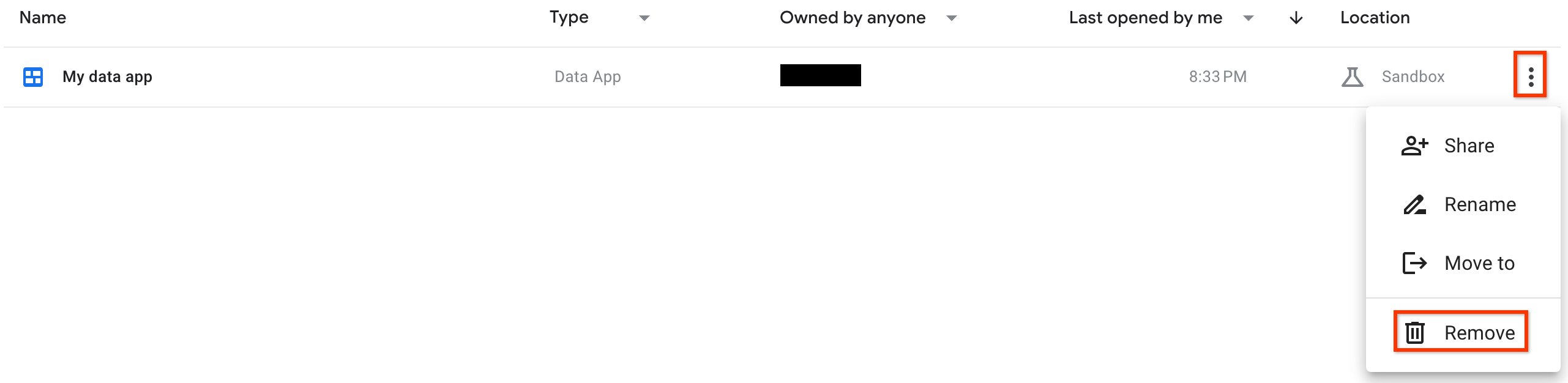 The More options menu that you use to delete an app.