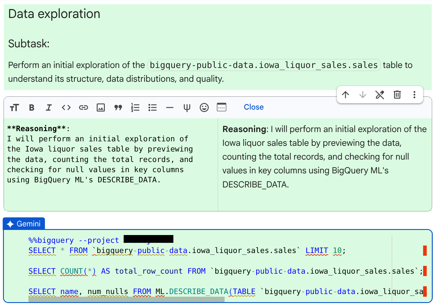 Il codice e il ragionamento forniti dal DSA dopo l'esame del set di dati pubblico.