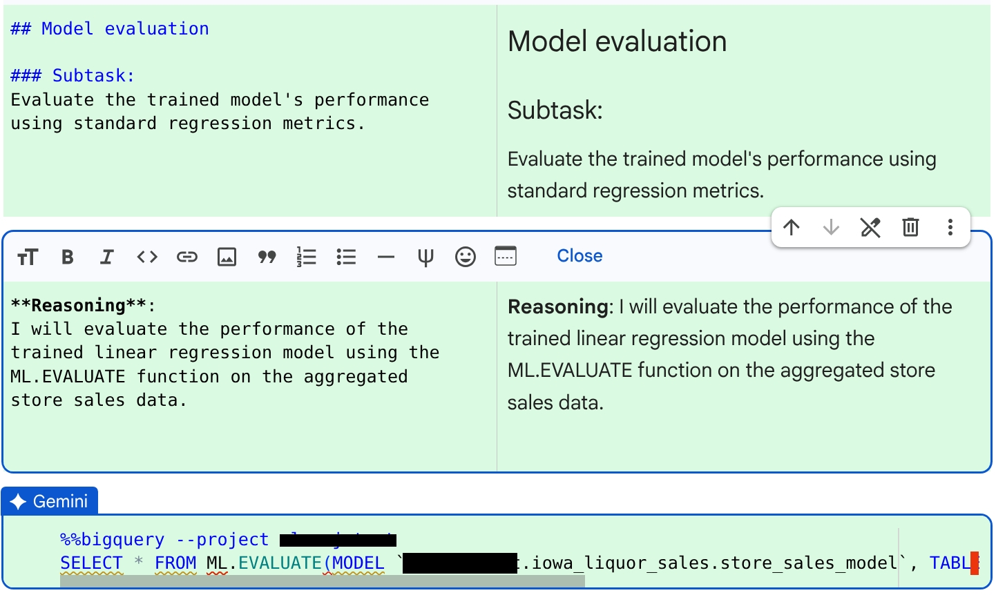 The code and reasoning generated to evaluate the model.