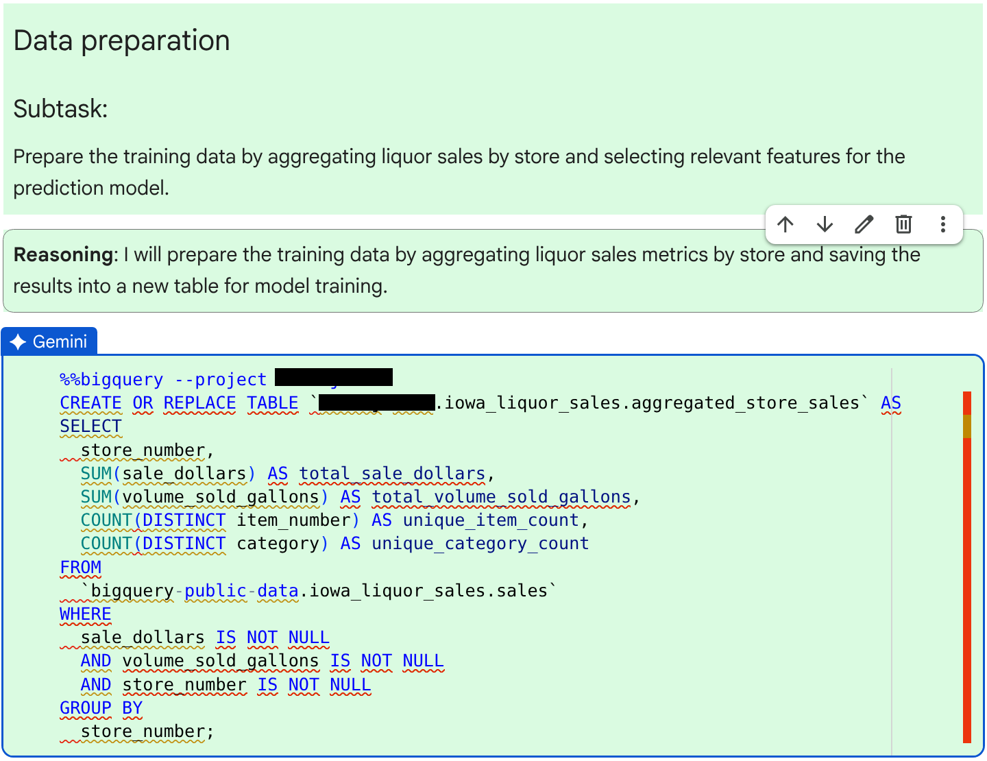 The code and reasoning generated to prepare the data for model training.