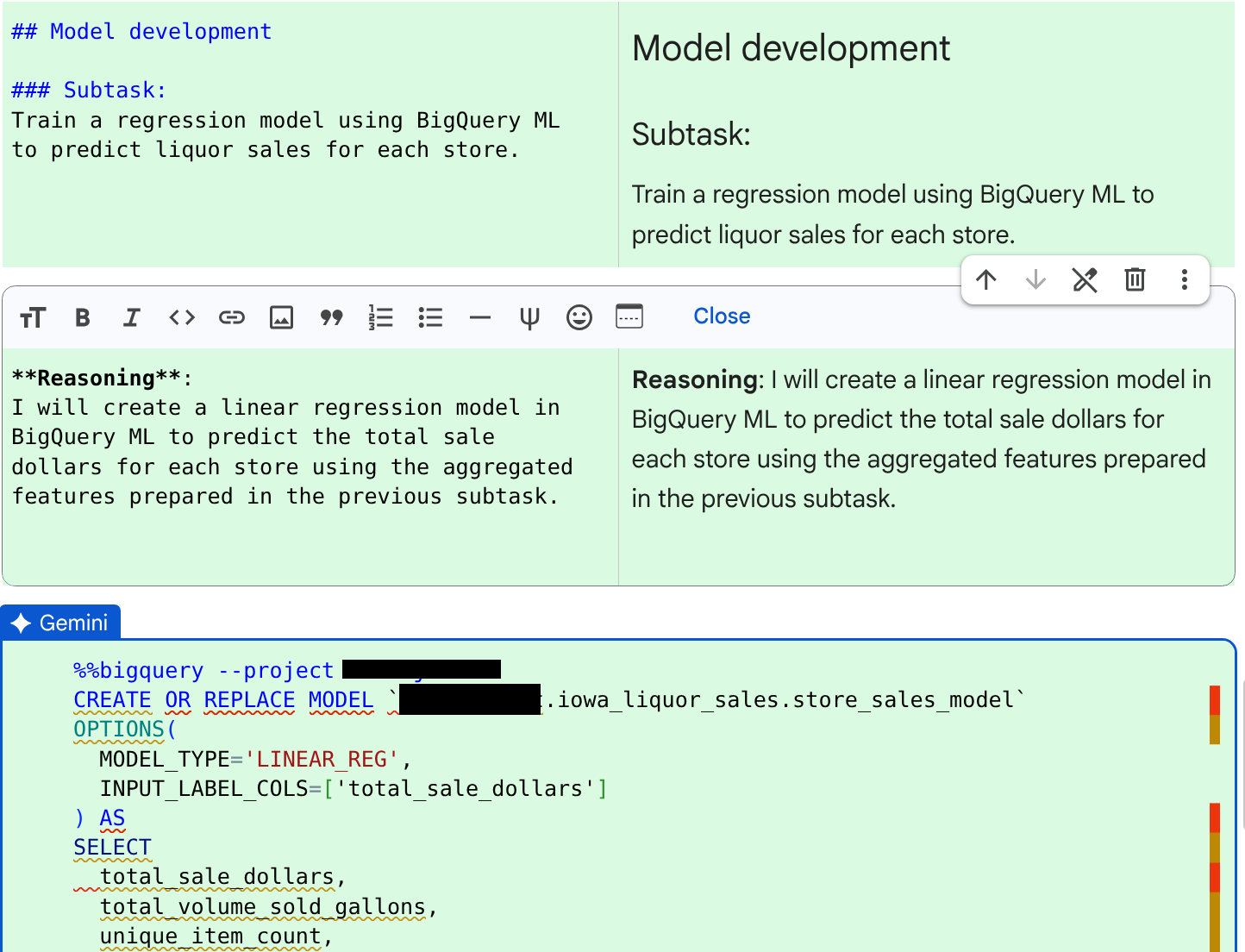 The code and reasoning generated to train the regression model.
