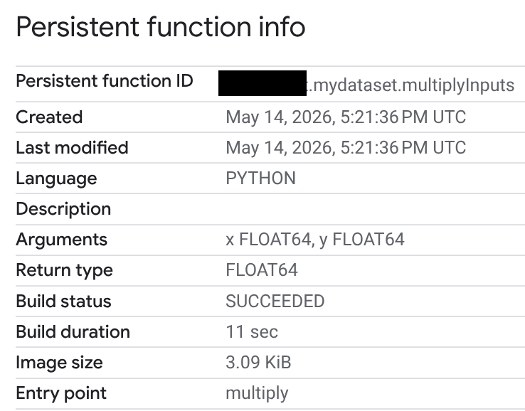 The Persistent function info page in the console.