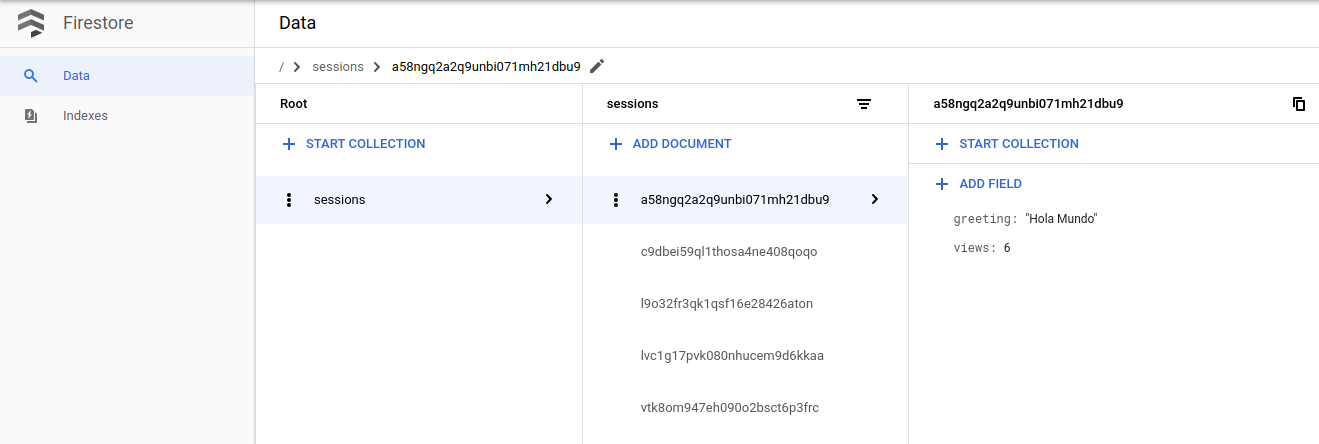 Sesiones de Firestore en la consola de Google Cloud 