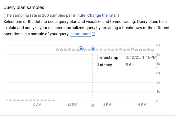 示例查询计划的图表，其中包含它们在图表底部（x 轴）运行的时间，以及它们在右侧（y 轴）运行的秒数。