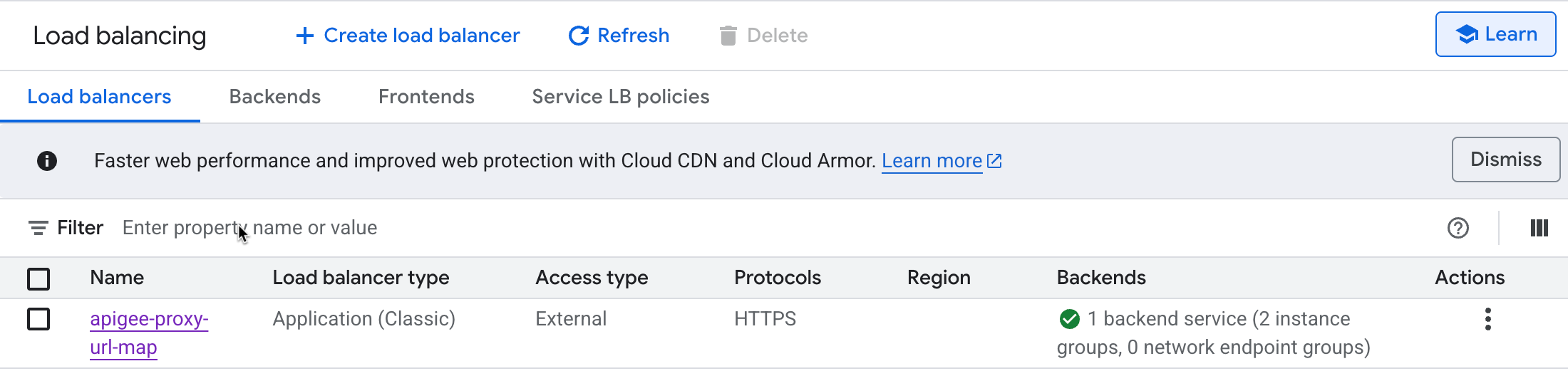Load balancing page in the Google Cloud Platform