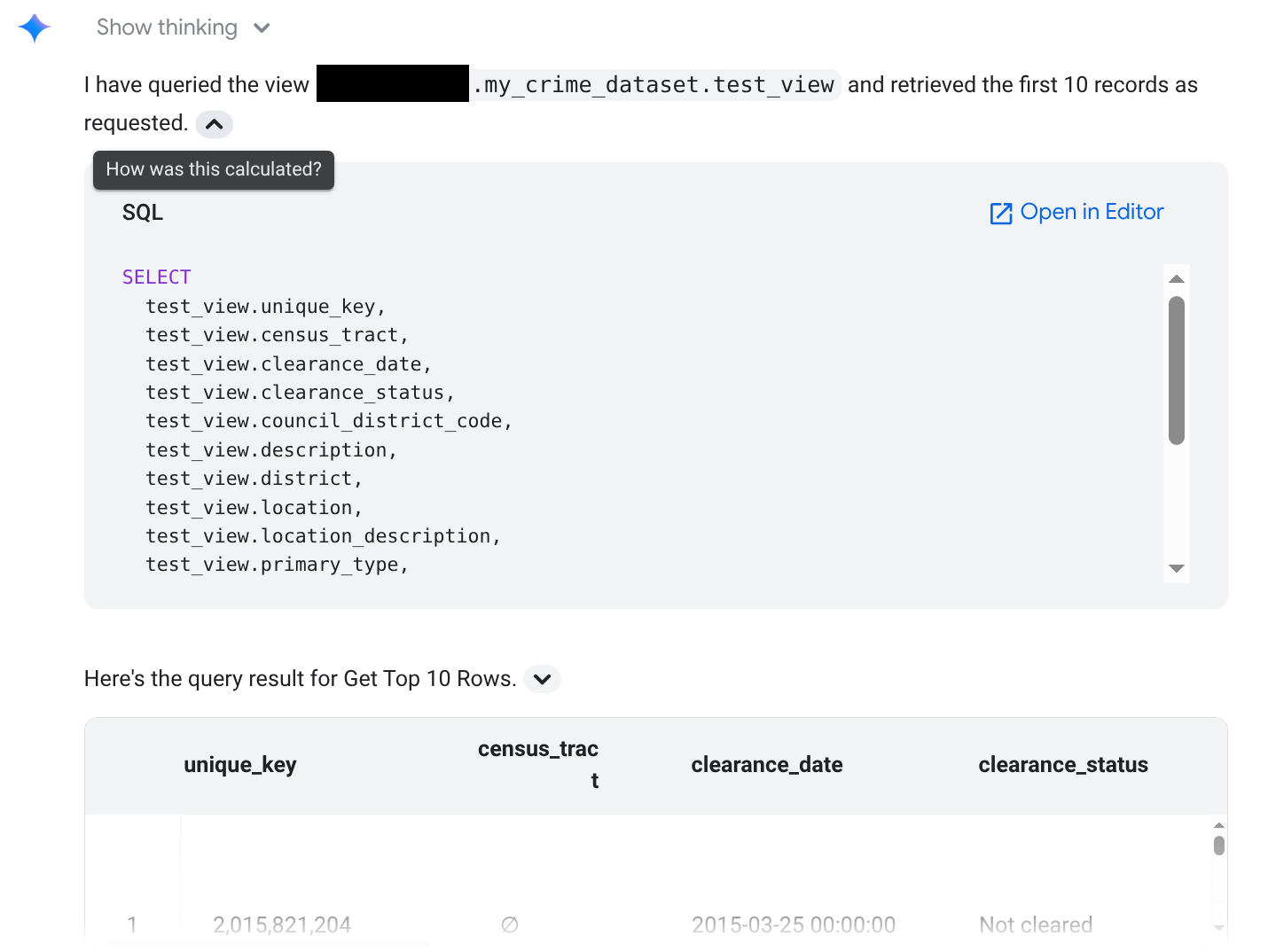 The API's calculation details, including the generated query and the
query result.