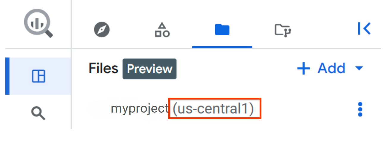 The current code region is displayed next to the project name in the **Files** pane.