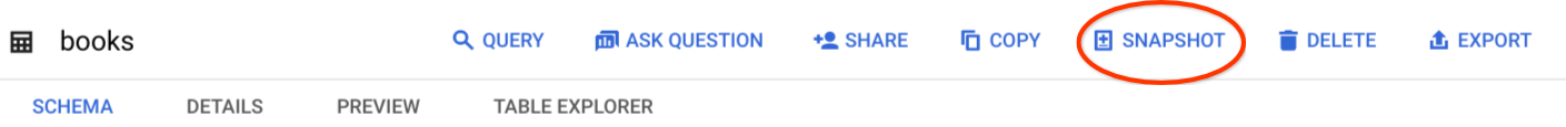 A screenshot showing the Snapshot button in the BigQuery console.
