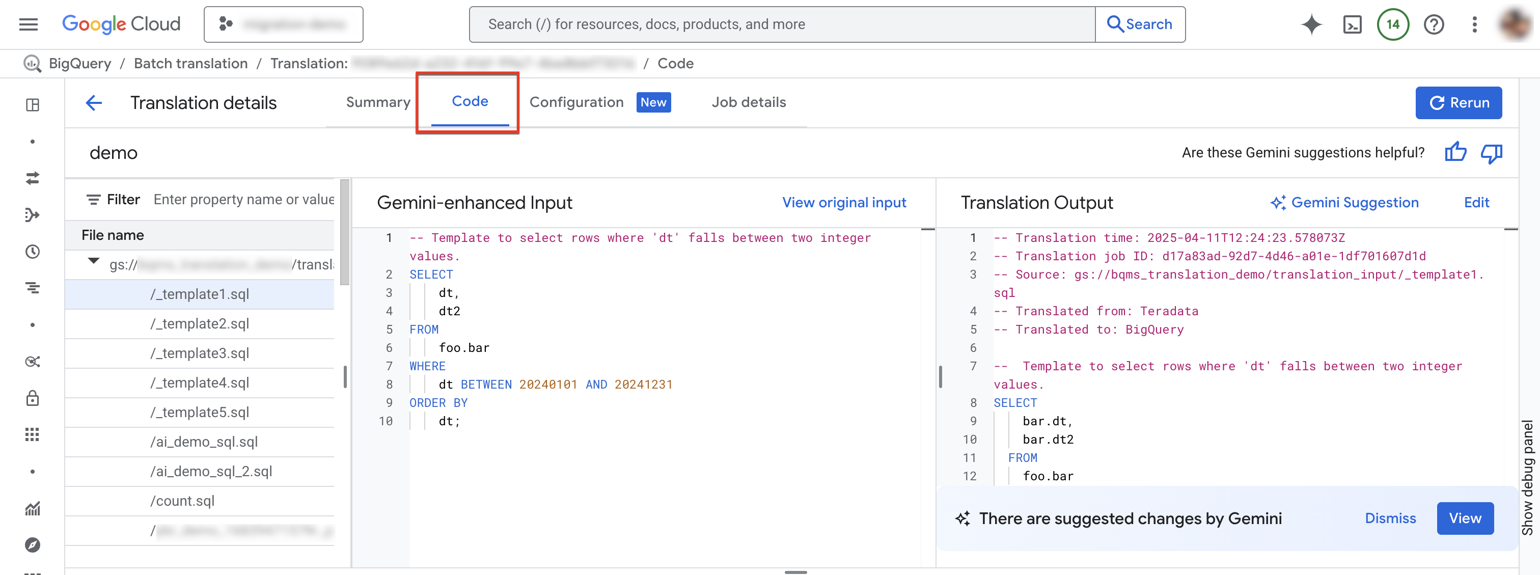 在 SQL 转换页面中查看“代码”标签页。