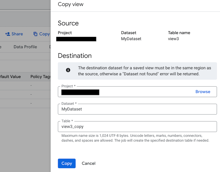 Copy a view dialog