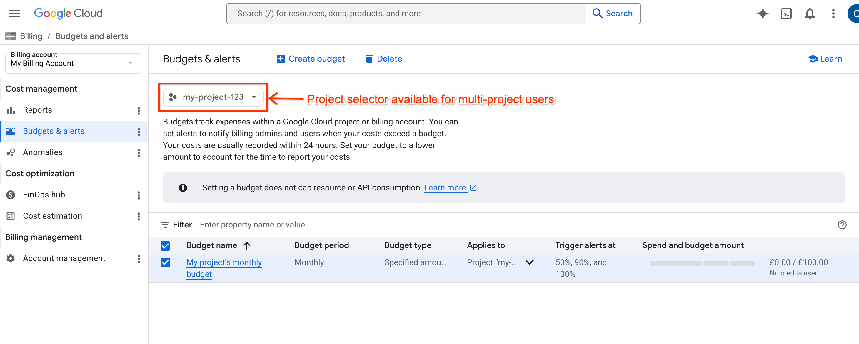 Example of the budgets page, showing the project picker available for users with multi-project access to the billing account.