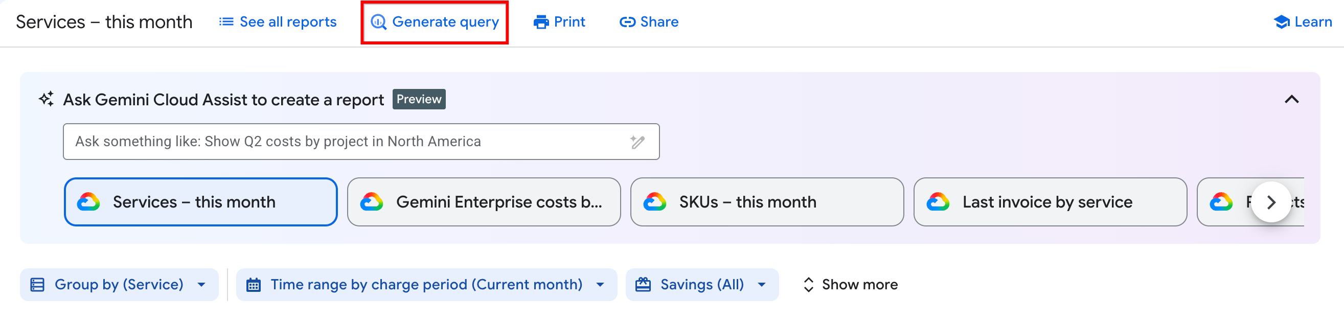 The Generate query button within the Cloud Billing Reports page.