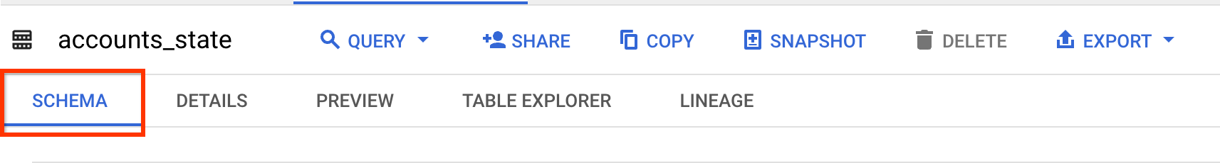 Schema tab, BigQuery