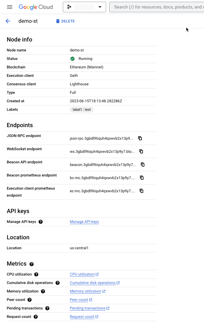 Blockchain Node Engine Node details user interface