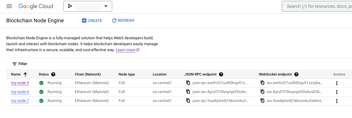 ממשק המשתמש של רשימת הצמתים ב-Blockchain Node Engine