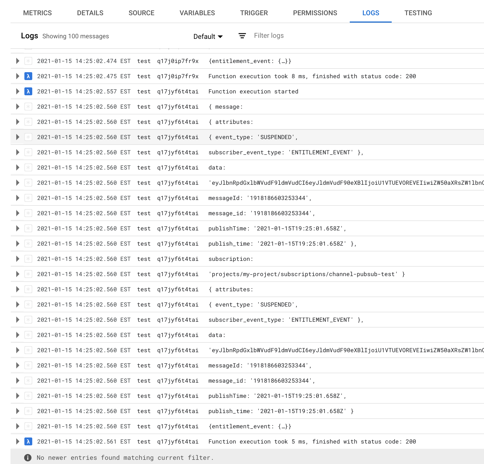 Sample logs for Pub/Sub events