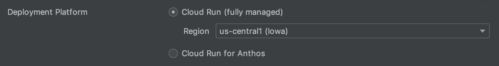Grafik: Plattformbereitstellungsoptionen: "Fully Managed" (ausgewählt) und "Anthos on GKE" mit einer angegebenen Region