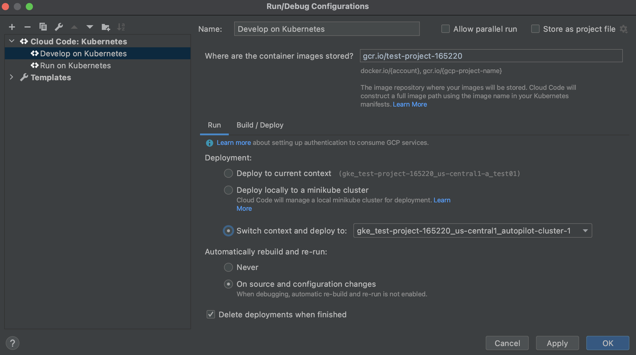 Seleccionar el contexto de despliegue de Kubernetes en una configuración de Kubernetes de Cloud Code