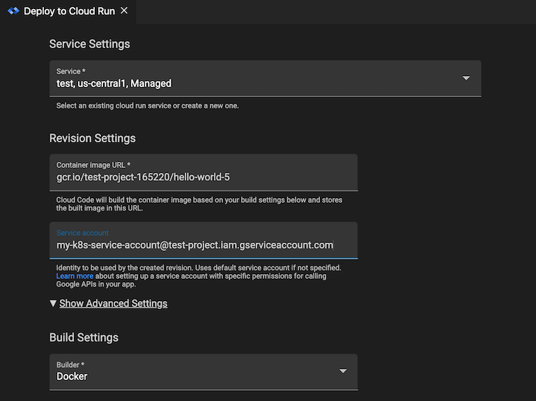 Advanced revision settings section expanded in Cloud Run: Deploy and Service Account field filled in with Kubernetes service account name of the format service-account-name@project-name.