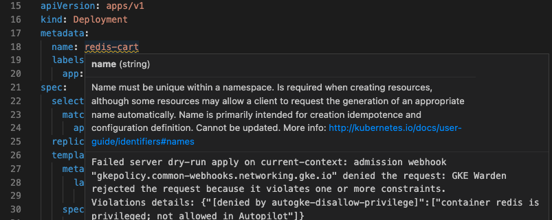 La convalida del dry run lato server non va a buon fine in "hello.deployment.yaml" con un messaggio di errore visualizzato come messaggio popup. I dettagli dell 'errore si trovano nel canale di output; lo spazio dei nomi "spazio-nomi-casuale" non esiste
