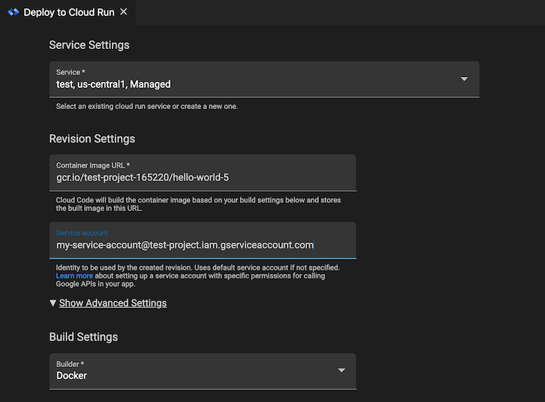 Advanced revision settings section expanded in Cloud Run: Deploy and Service Account field filled in with service account name of the format service-account-name@project-name.