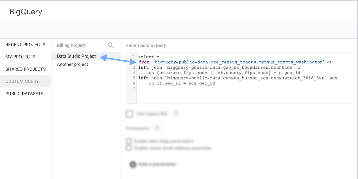 Example of a BigQuery custom query configuration, with the billing project set to Looker Studio Project, while the query specifies a BigQuery public data set in the querys FROM clause.