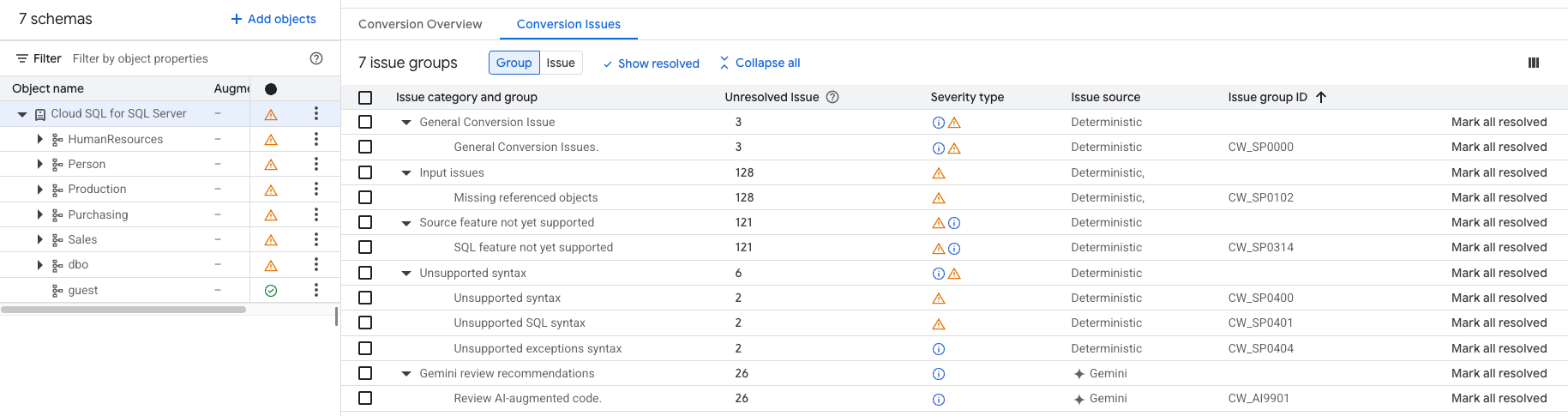 Conversion workspace overview screen that shows conversion issue groups and categories.