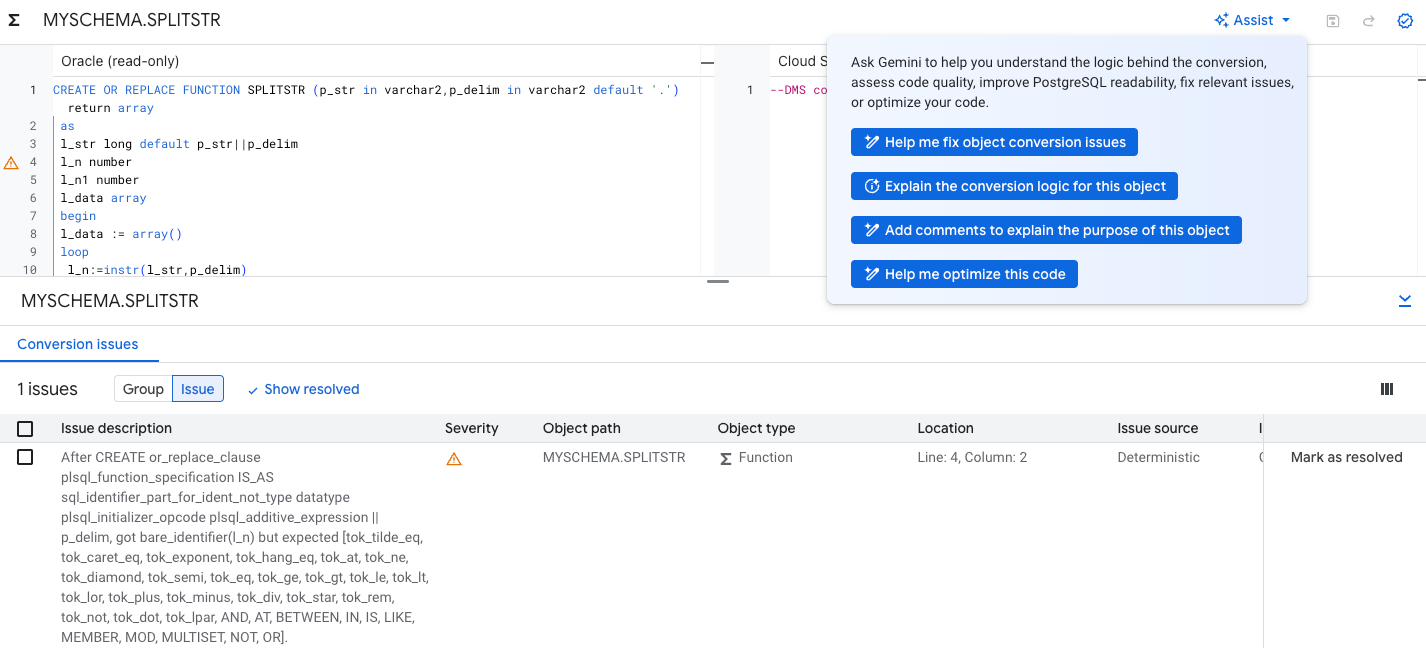 A screenshot that shows how to access Gemini prompts
      for code and schema conversion explainability.