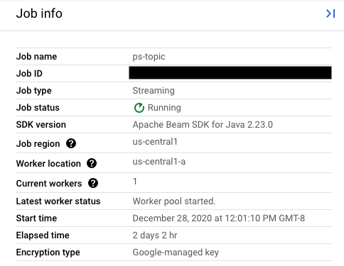 O painel lateral de informações do trabalho para uma tarefa do Dataflow em execução.