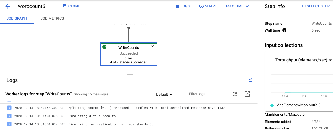 The Dataflow monitoring interface showing step-specific logs.