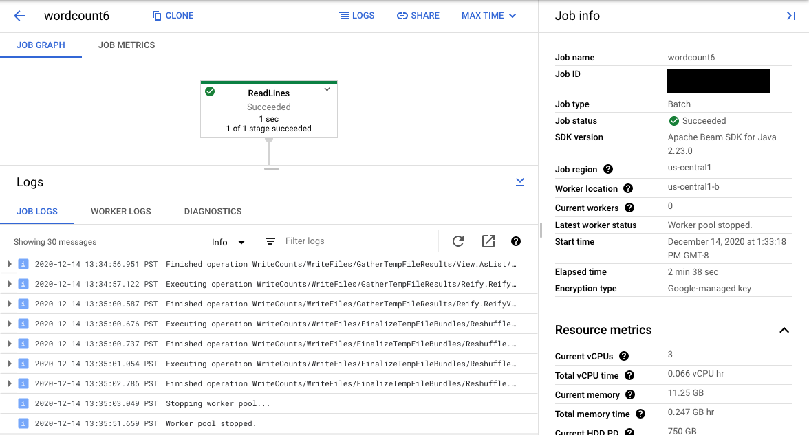 The Dataflow monitoring interface showing the expanded logs panel with options to filter logs.