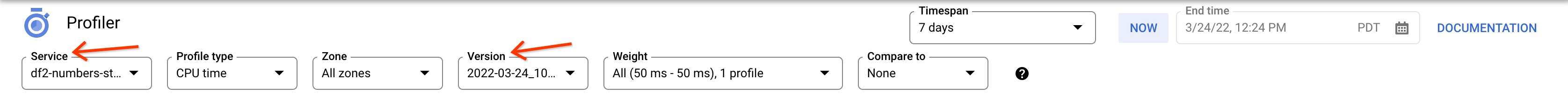 הערכים Service ו-Version שמוצגים בפרופיל של משימת Dataflow.