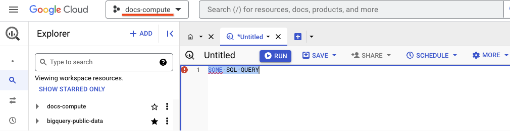 在您运行 SQL 查询的页面上，BigQuery 界面会显示一个名为 docs-compute 的计算项目。