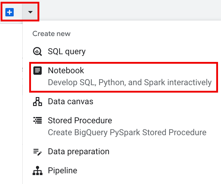 צילום מסך שבו מוצג ממשק BigQuery עם לחצן הפלוס ליצירת נוטבוק חדש.