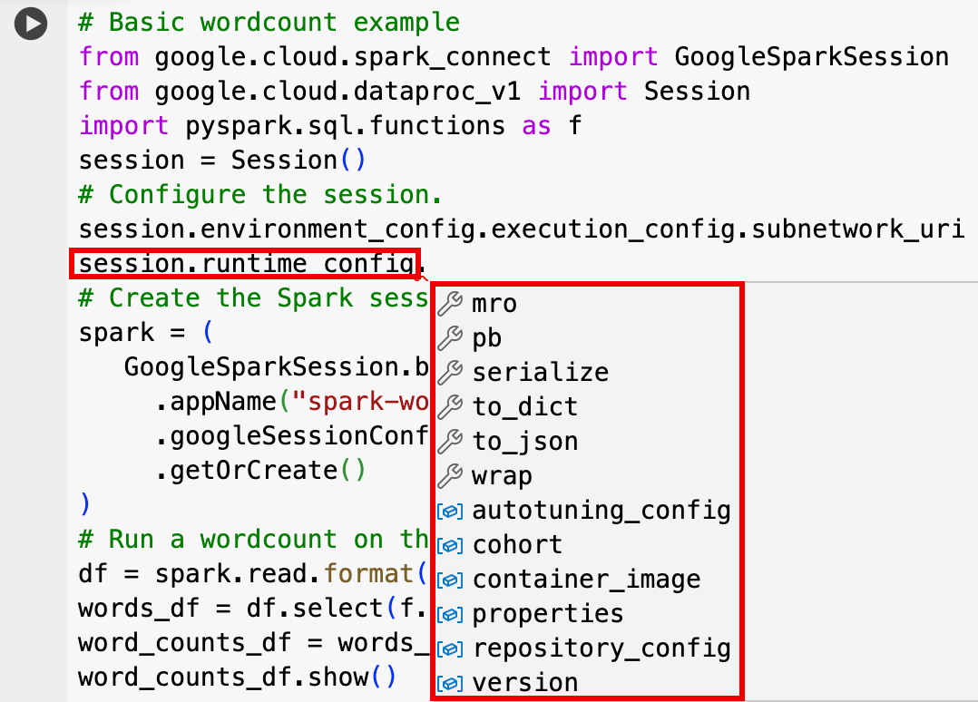 显示 session.runtime.config 选项的代码帮助。