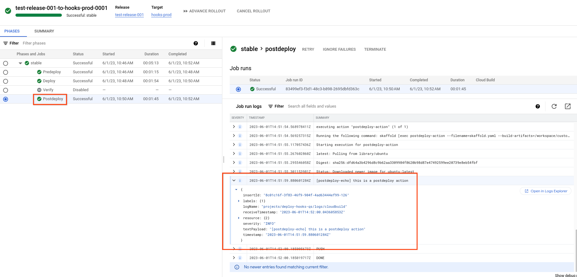 Log del job Postdeploy