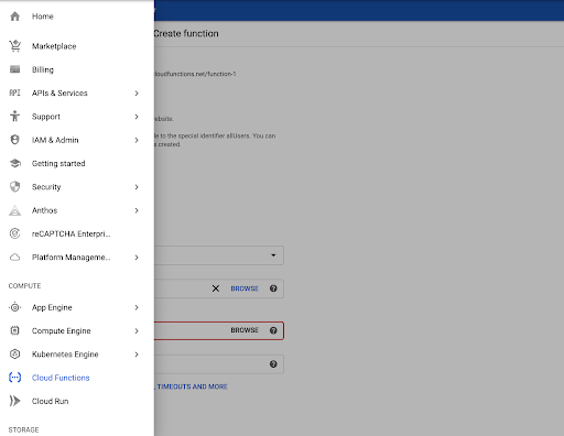 Screenshot of Cloud Function in the console menu