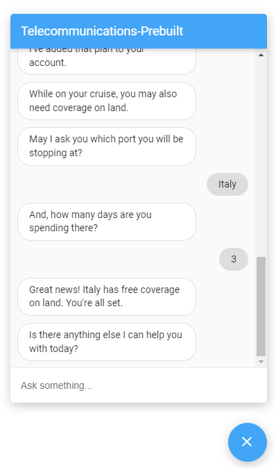 Screenshot eines in eine Webseite eingebetteten Dialogflow-Agenten