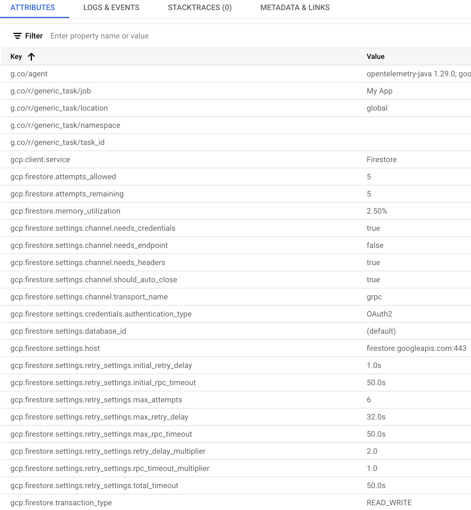 Attributwerte eines Trace-Spans, der in Cloud Trace angezeigt wird