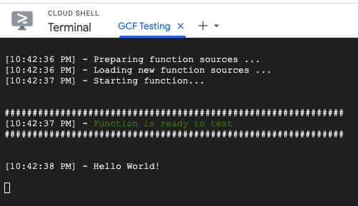 צילום מסך שבו מוצג חלון הפלט של Cloud Shell