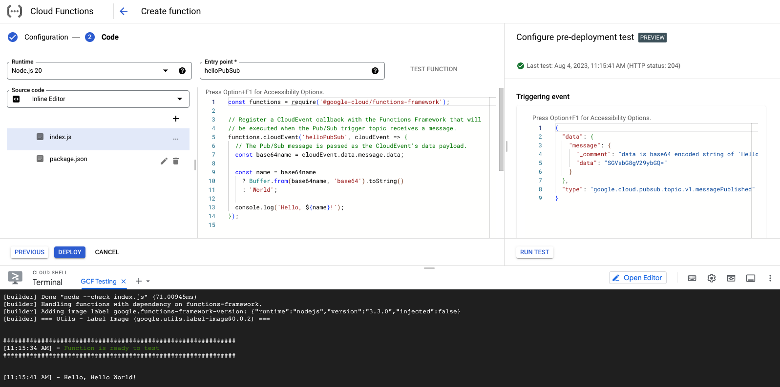 Screenshot yang menampilkan panel pengujian pra-deployment fungsi