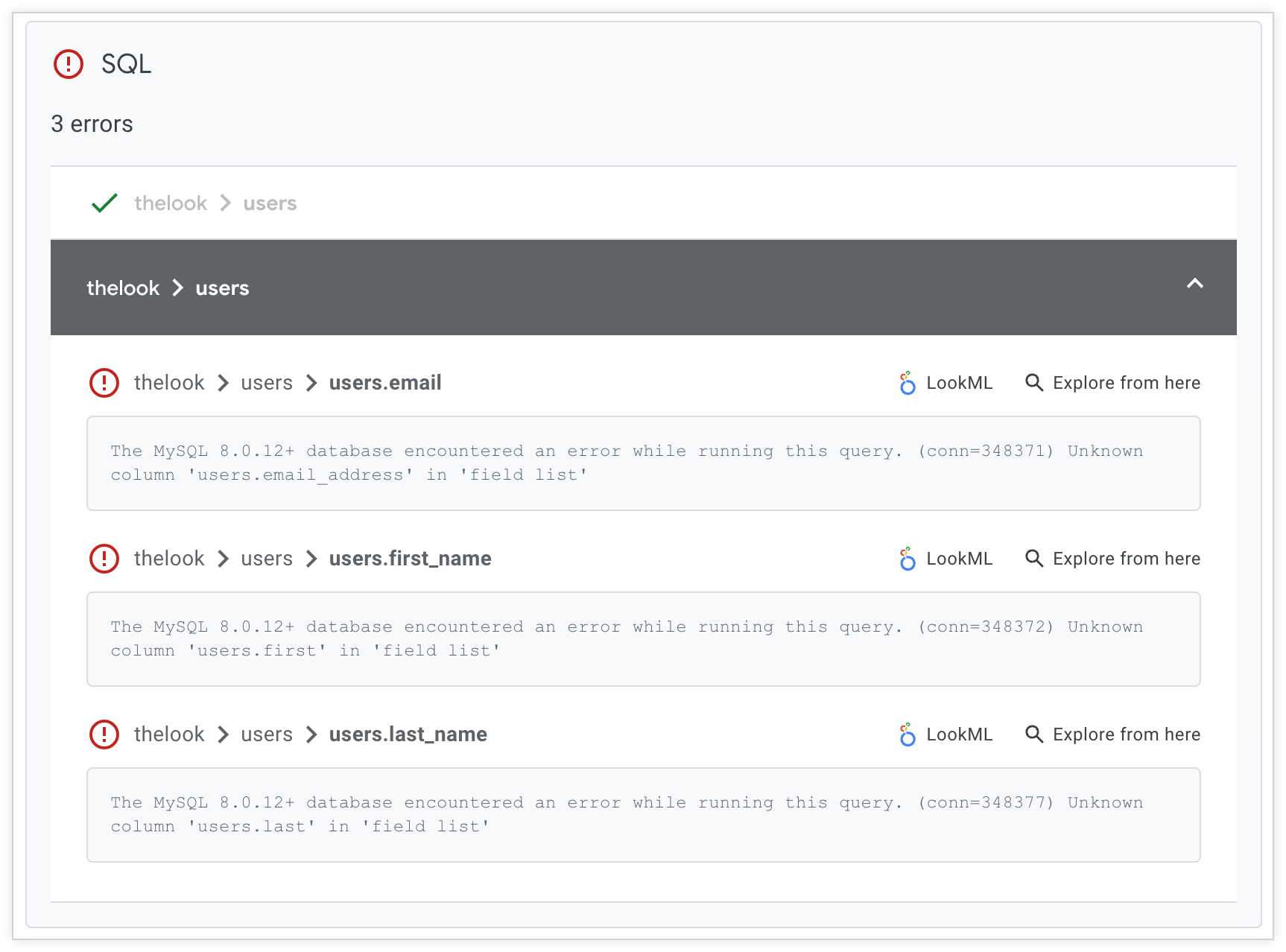 Continuous Integration results page showing SQL Validator findings