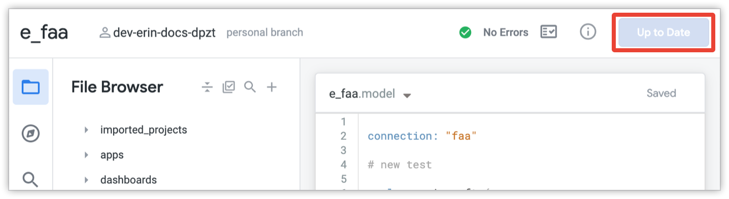 Git button showing Up to Date status