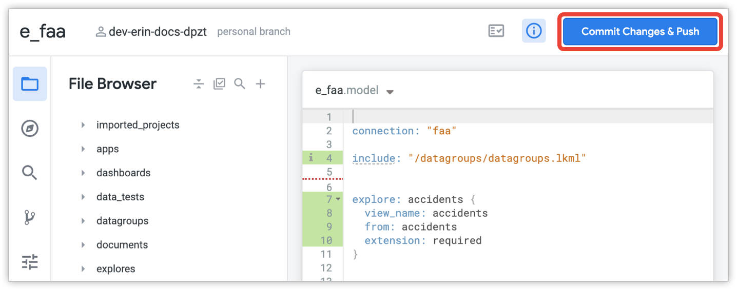 Git button showing the Commit Changes & Push option