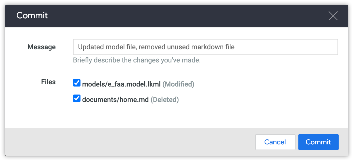 Commit dialog showing files that have been updated