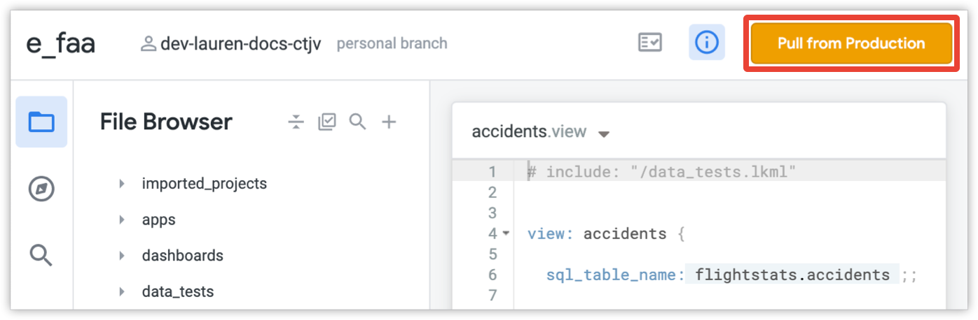 Git button showing the Pull from Production option