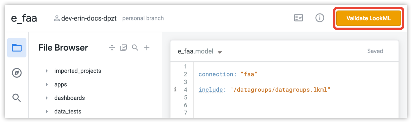 Git button showing the Validate LookML option