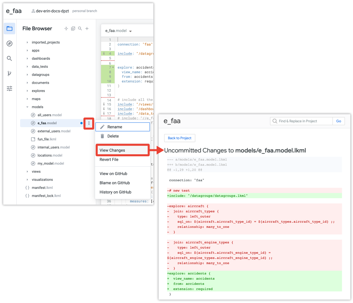 View Changes option in a file's menu