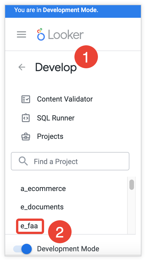Develop menu showing project selection